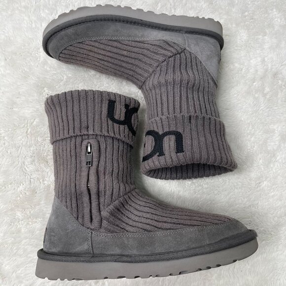 UGG Women's Charcoal Grey Classic Knit Round Toe Boot Slip On Shoes Size 9 - Picture 2 of 13